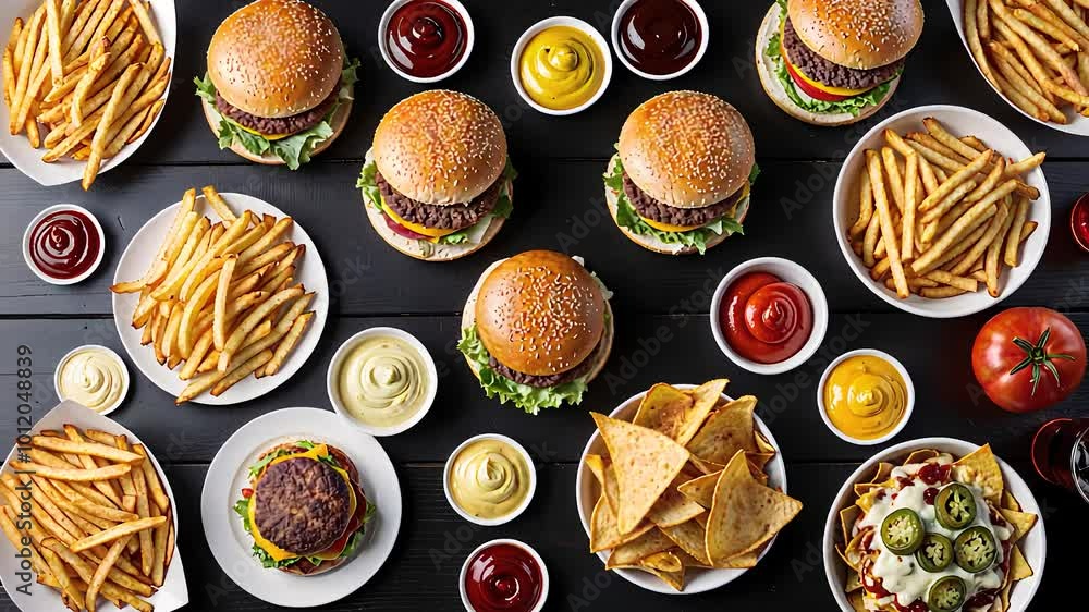 Top View of Burgers, French Fries, and Condiments in Fast Food Feast
Top View of Burgers, French Fries, and Condiments in Fast Food Feast
