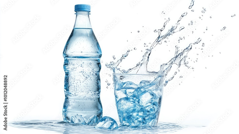 Bottle of Drinking Water Next to a Glass Filled with Ice and Water Splashing. AI generated illustration Bottle of Drinking Water Next to a Glass Filled with Ice and Water Splashing. AI generated illustration