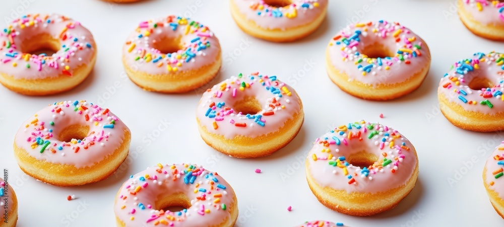 A batch of mini donut cookies with colorful glaze and sprinkles, arranged neatly on a white surface A batch of mini donut cookies with colorful glaze and sprinkles, arranged neatly on a white surface