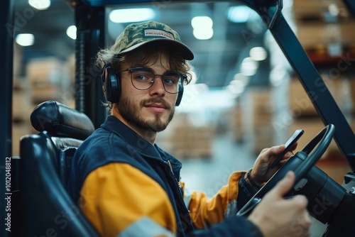 Portrait of young worker driving forklift truck in warehouse and using smartphone, Generative AI