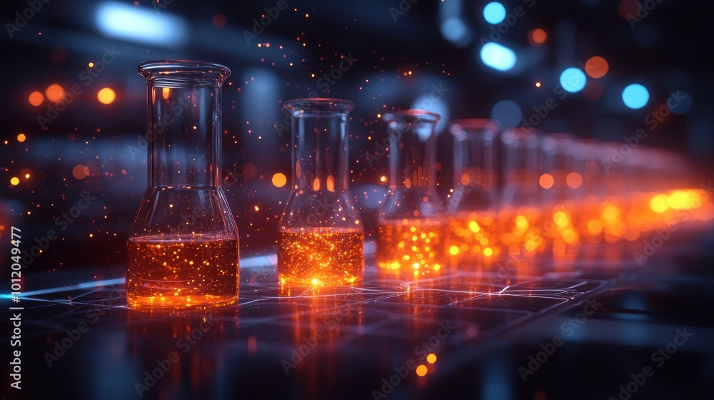 Close-up of four beakers filled with glowing orange liquid on a futuristic lab table. Close-up of four beakers filled with glowing orange liquid on a futuristic lab table.