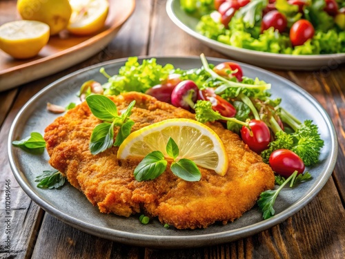 Crispy Chicken Schnitzel Served with Fresh Salad and Lemon Wedges on a Rustic Wooden Table