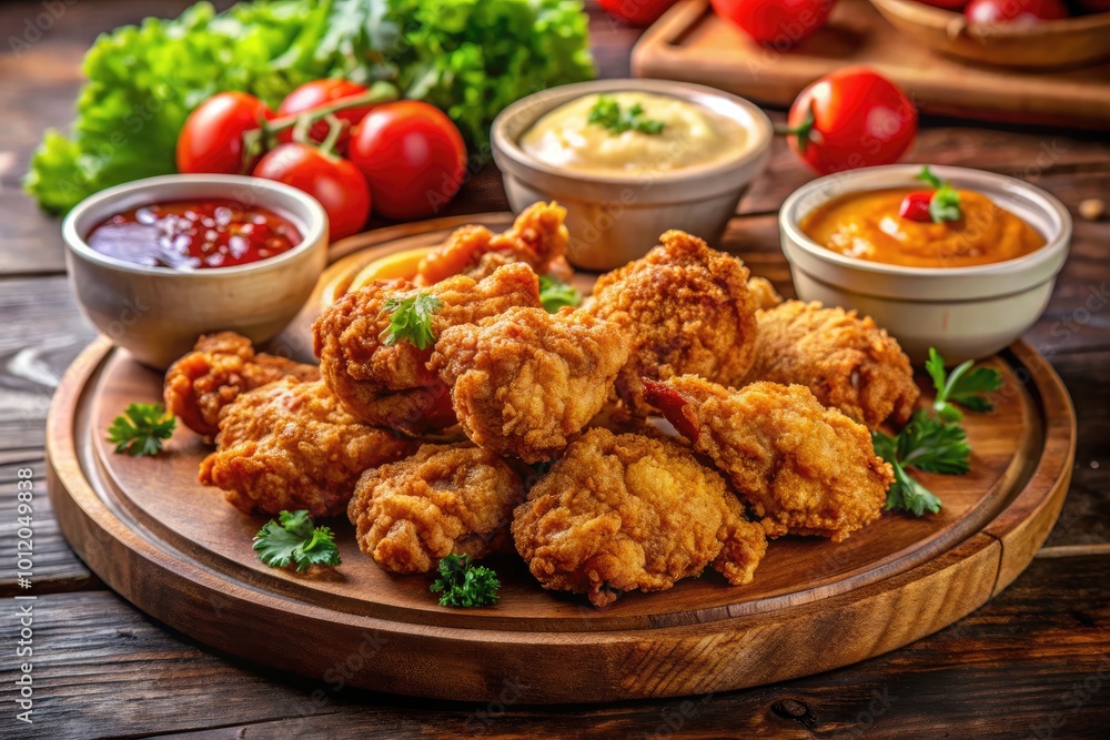 Crispy fried chicken pieces served on a wooden platter with dipping sauces and side dishes on table Crispy fried chicken pieces served on a wooden platter with dipping sauces and side dishes on table