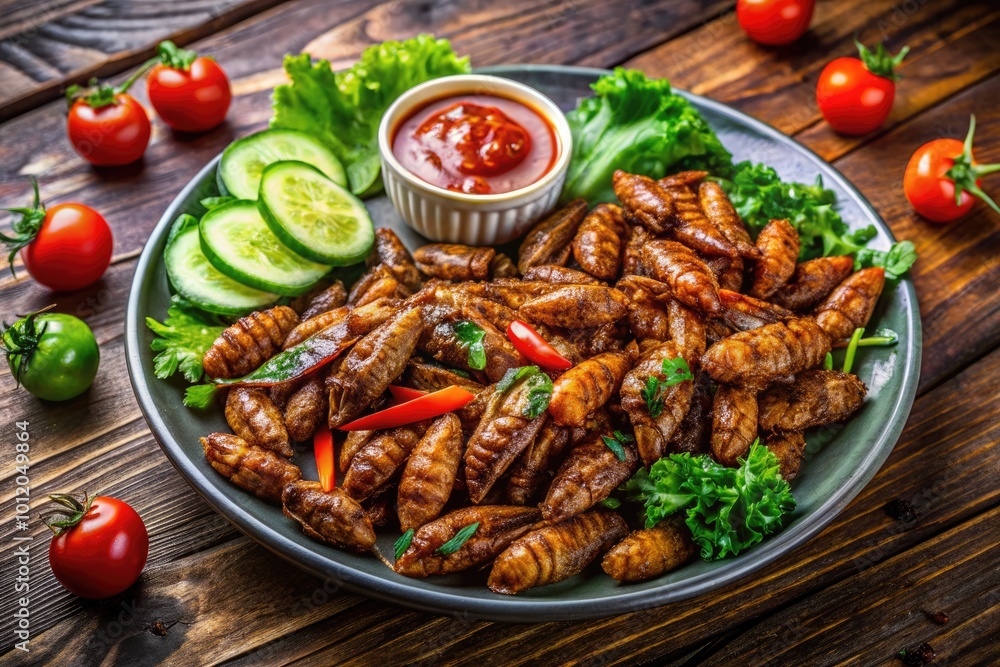 Crispy Fried Cicada Snack Served on a Plate with Fresh Vegetables and Dipping Sauce on the Side Crispy Fried Cicada Snack Served on a Plate with Fresh Vegetables and Dipping Sauce on the Side