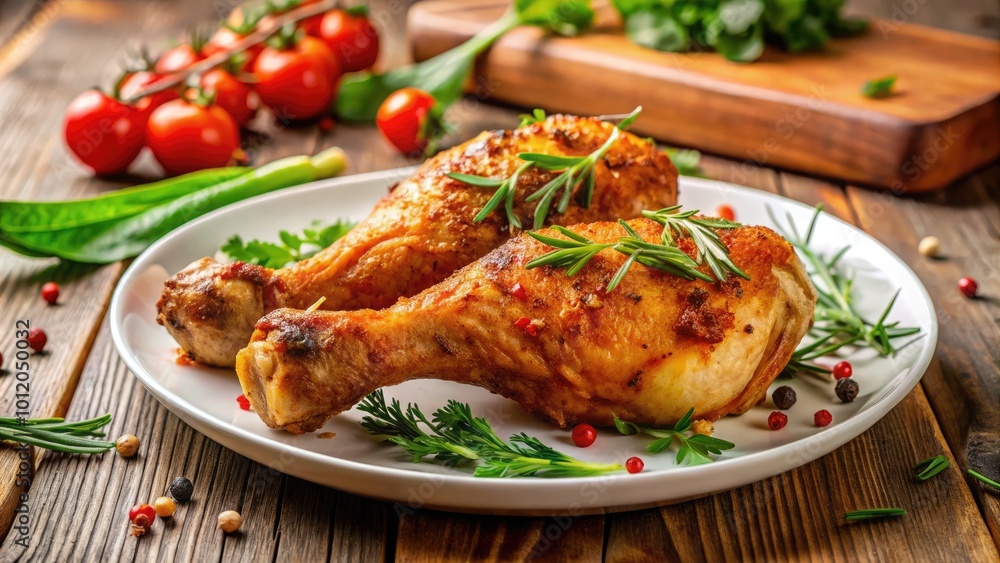 Crispy Golden Brown Chicken Drumstick Served on a White Plate with Fresh Herbs and Spices Garnish Crispy Golden Brown Chicken Drumstick Served on a White Plate with Fresh Herbs and Spices Garnish