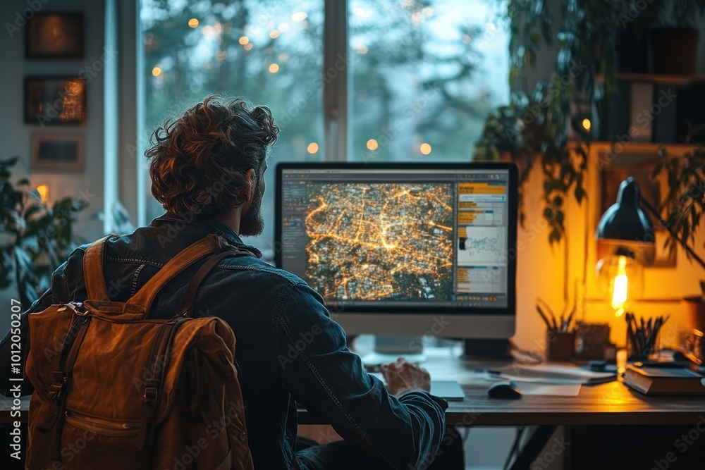 A man sits at his desk, working on his computer. He is looking at a map on his screen. There is a backpack next to him. A man sits at his desk, working on his computer. He is looking at a map on his screen. There is a backpack next to him.