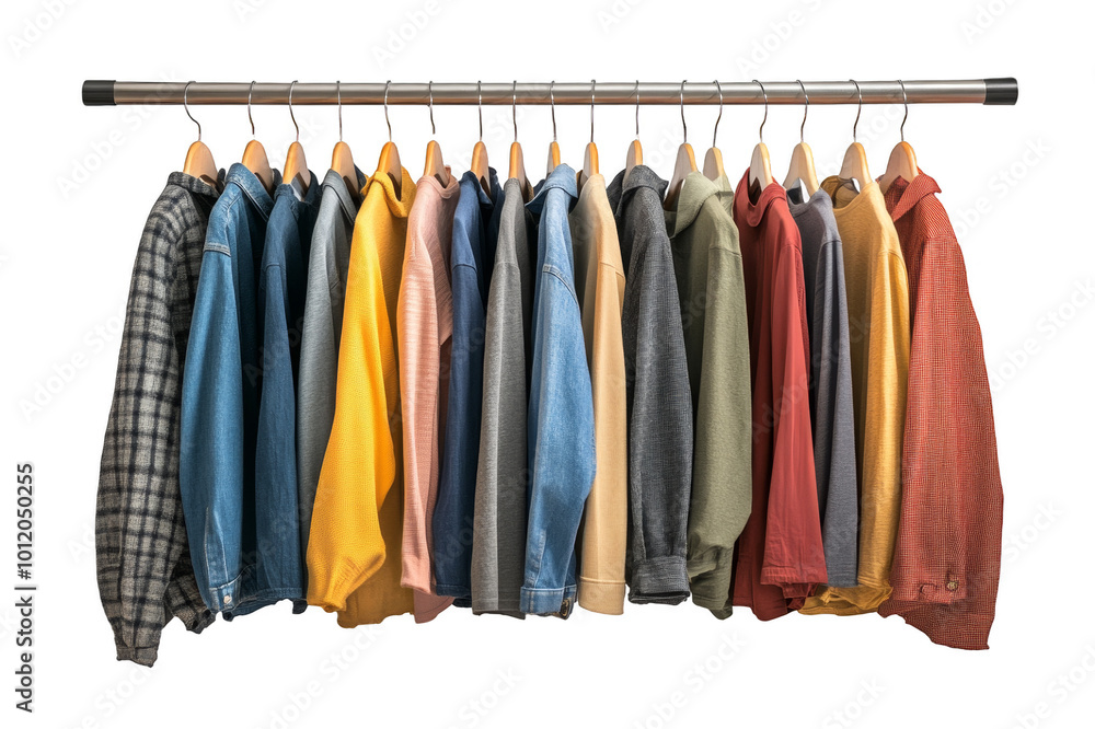 Hanging row of multi-colored outerwear on transparent background Hanging row of multi-colored outerwear on transparent background