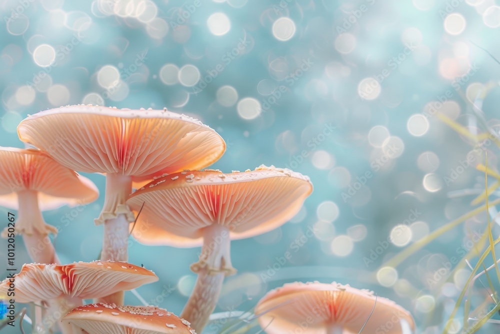 Delicate mushrooms growing on a damp forest floor surrounded by ethereal bokeh lights during an early morning in nature Delicate mushrooms growing on a damp forest floor surrounded by ethereal bokeh lights during an early morning in nature