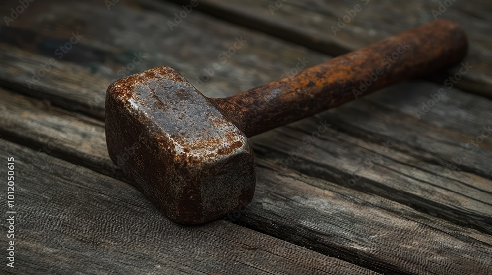 Classic Rust-Covered Hammer on a Wooden Table. AI generated illustration Classic Rust-Covered Hammer on a Wooden Table. AI generated illustration