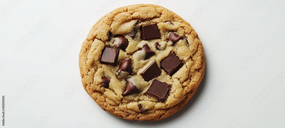 A perfectly round chocolate chip cookie with chunks of melted chocolate, centered on a clean white background A perfectly round chocolate chip cookie with chunks of melted chocolate, centered on a clean white background