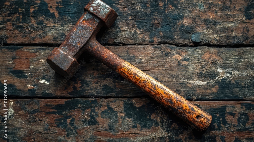 Classic Rust-Covered Hammer on a Wooden Table. AI generated illustration