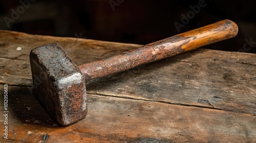 Classic Rust-Covered Hammer on a Wooden Table. AI generated illustration