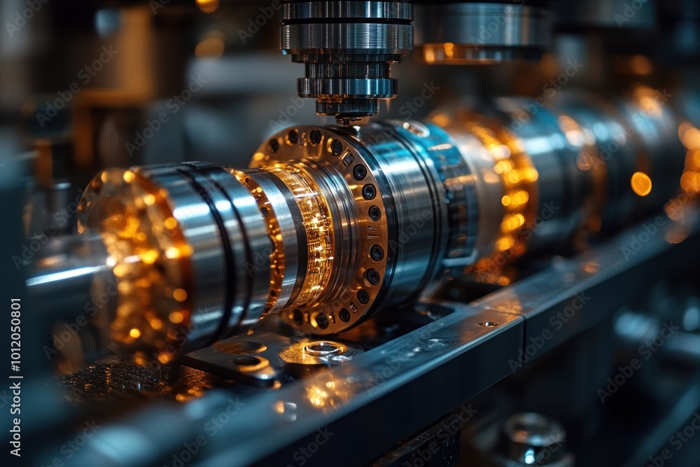 Close-up of a metalworking machine in operation. The machine is drilling holes into a metal part. Close-up of a metalworking machine in operation. The machine is drilling holes into a metal part.