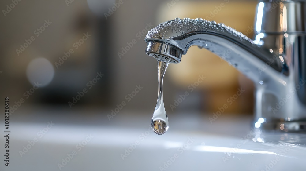 Close-Up of a Water Drop Leaking from a Faucet. AI generated illustration Close-Up of a Water Drop Leaking from a Faucet. AI generated illustration