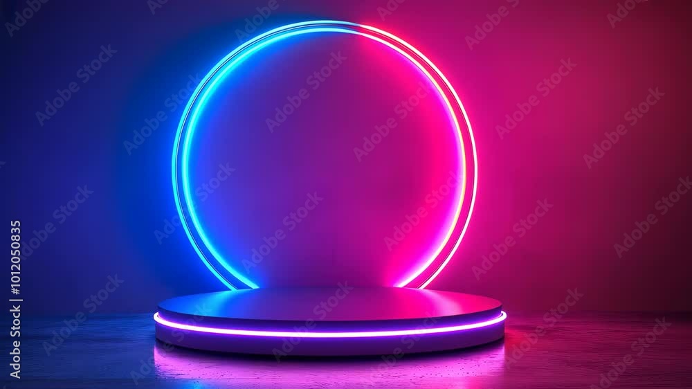 Neon glowing circle with platform in blue and pink, futuristic showcase. Modern technology and innovation concept Neon glowing circle with platform in blue and pink, futuristic showcase. Modern technology and innovation concept