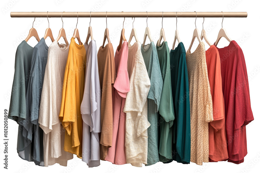 Multicolored pastel t-shirts hanging on hanger in closet on transparent background Multicolored pastel t-shirts hanging on hanger in closet on transparent background