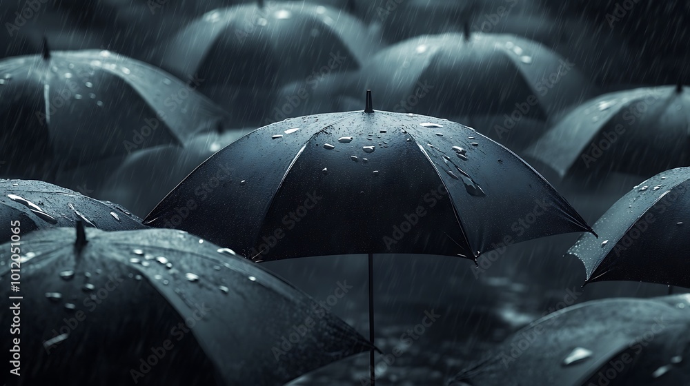 Fototapeta premium Dark umbrellas in the rain with raindrops, moody atmosphere.