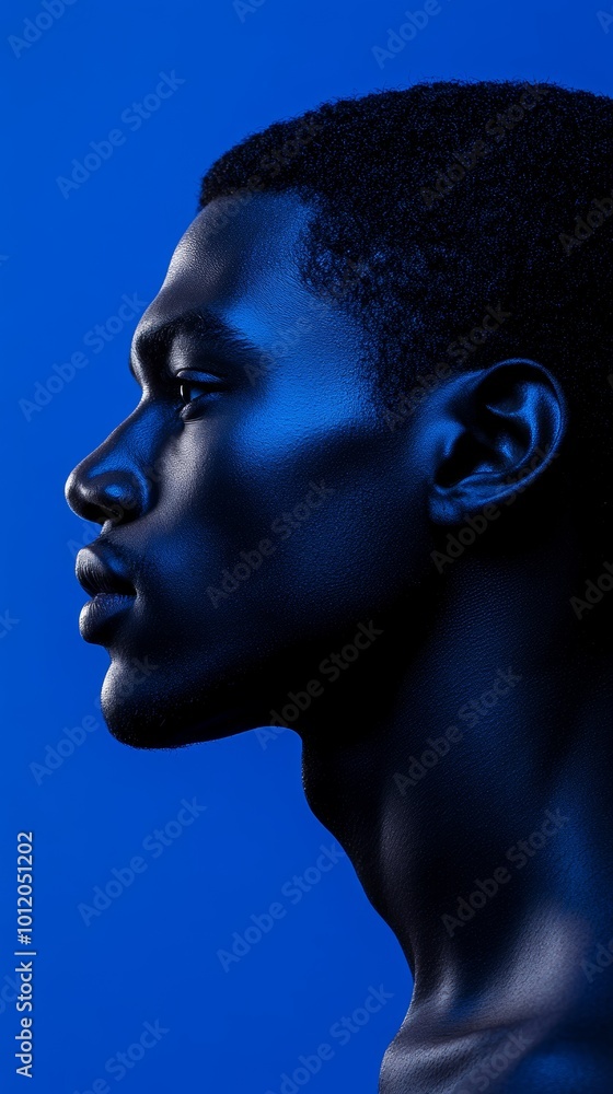Side view profile outline of African-American male silhouette against deep blue background, Generative AI Side view profile outline of African-American male silhouette against deep blue background, Generative AI