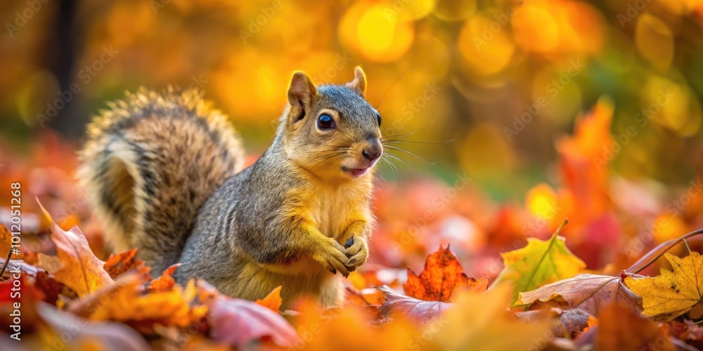 Curious Fox Squirrel foraging in a vibrant autumn forest with colorful leaves scattered around Curious Fox Squirrel foraging in a vibrant autumn forest with colorful leaves scattered around