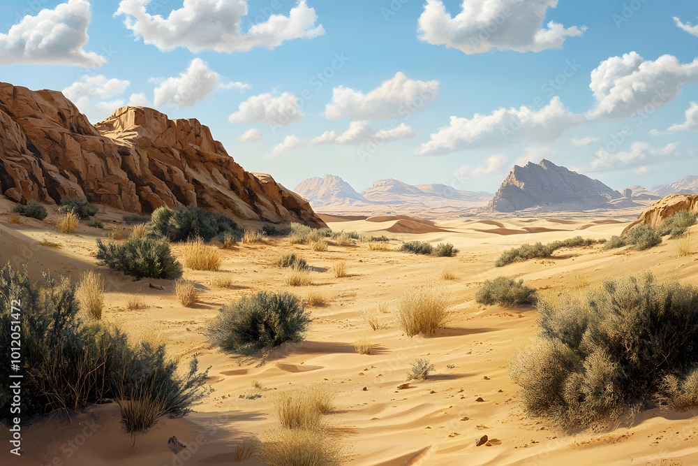 Desert landscape with rocky formations and blue sky, sunny day Desert landscape with rocky formations and blue sky, sunny day