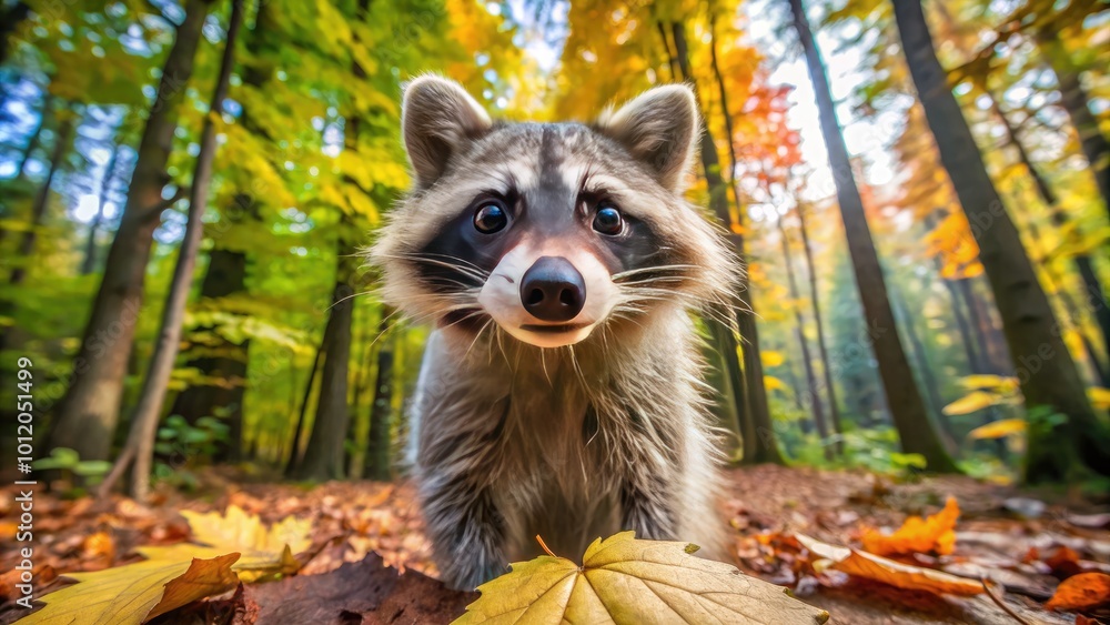 Fototapeta premium Curious raccoon exploring nature with a playful expression in a vibrant forest setting