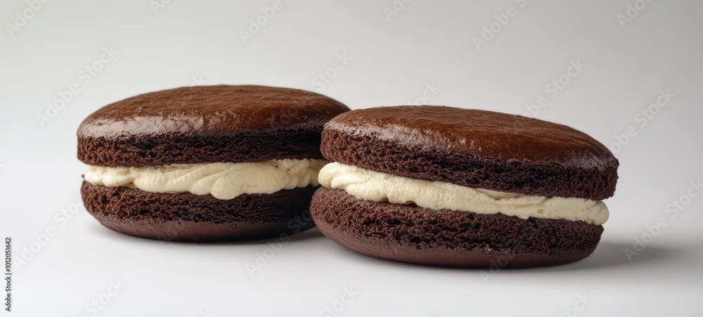 A soft and fluffy whoopee pie with a rich cream filling sandwiched between two chocolate cake halves, displayed on a plain white backdrop A soft and fluffy whoopee pie with a rich cream filling sandwiched between two chocolate cake halves, displayed on a plain white backdrop