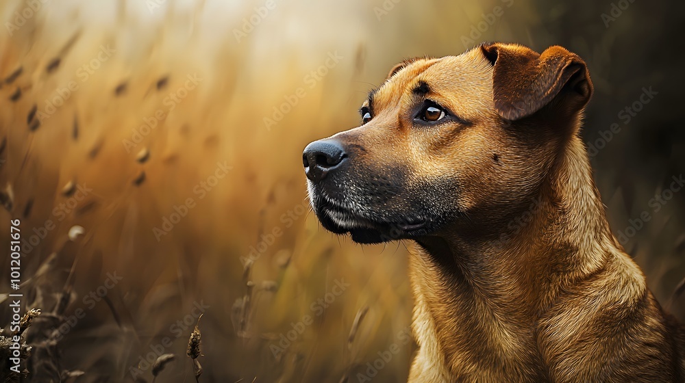 Dog profile in a natural setting with soft blurred background.