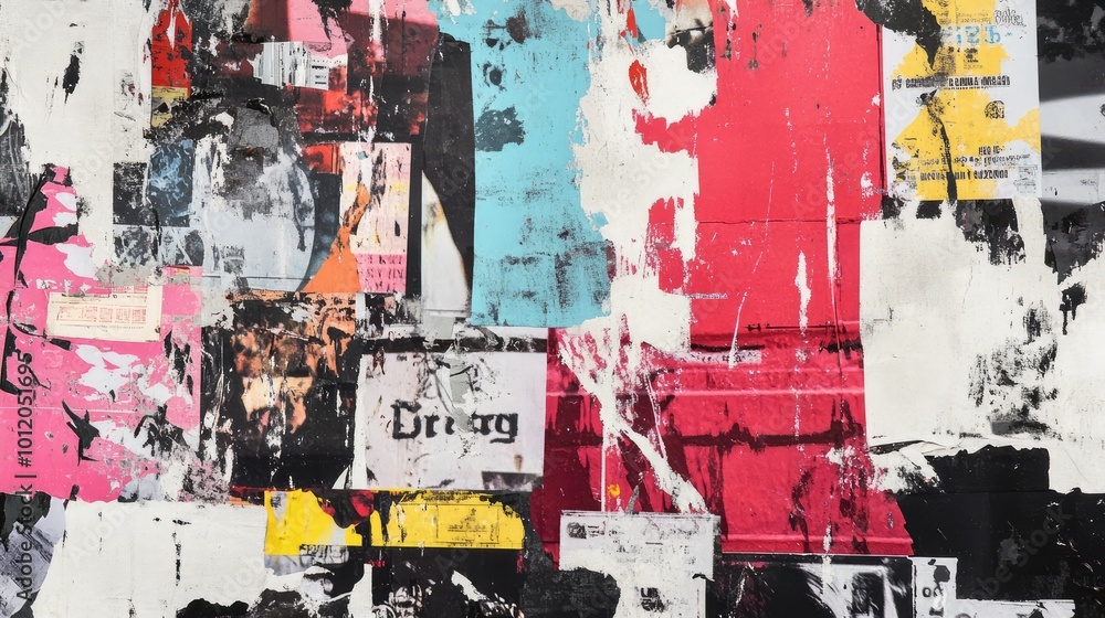 Naklejka premium Collage of Torn Street Posters Creating an Abstract Background. AI generated illustration