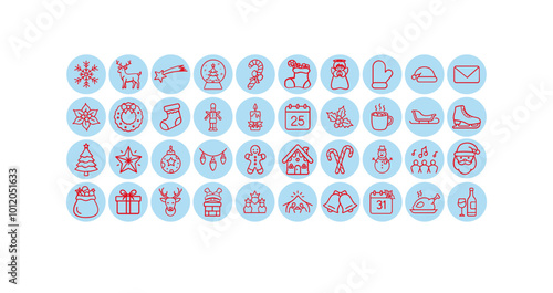 Set of 40 Christmas elements icons in red line art with blue background.