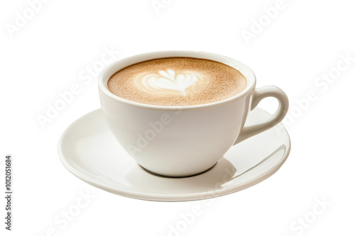 Cappuccino with a pattern and foam in a white cup on a transparent background