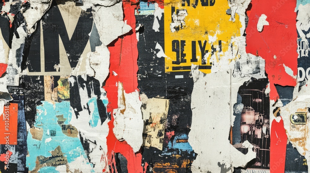 Fototapeta premium Collage of Torn Street Posters Creating an Abstract Background. AI generated illustration