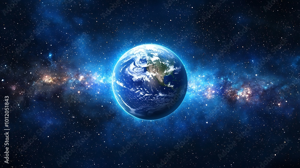 Fototapeta premium Earth in space surrounded by stars, cosmic background.