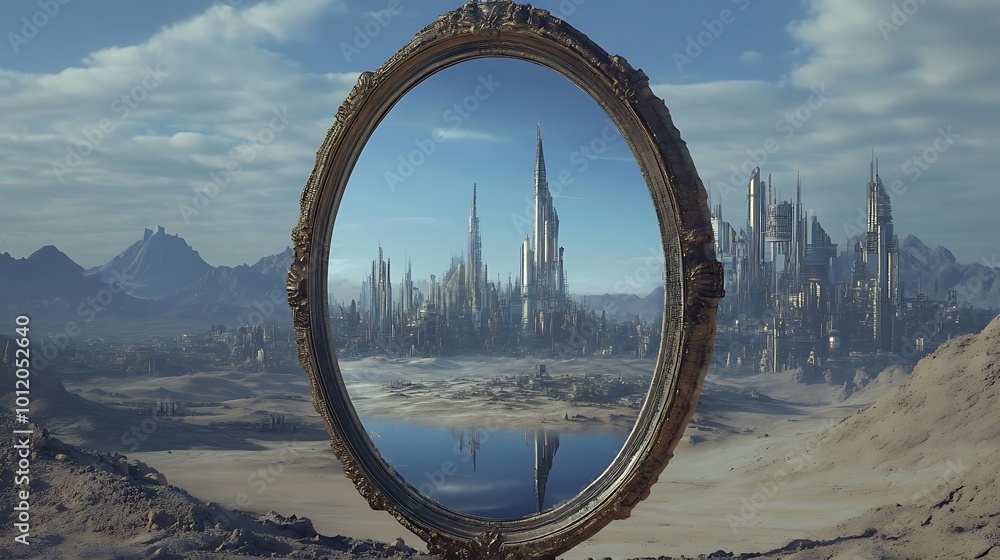 Fototapeta premium Fantasy landscape viewed through an ornate mirror frame.