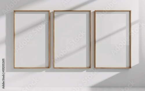 Minimal wooden picture poster frame mockup on white wall photo