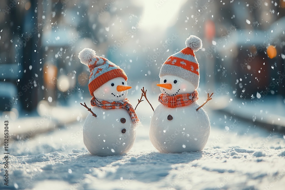 Snowmen in winter clothes on blurred background Snowmen in winter clothes on blurred background