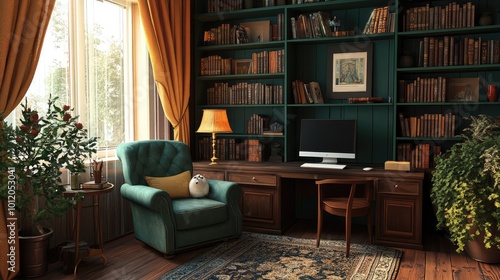 Cozy Library Space Blending Traditional and Modern Learning Environments. AI generated illustration