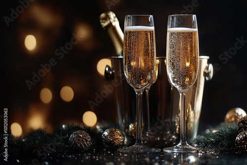 Champagne glasses and bucket with champagne bottle on blurred lights background photo