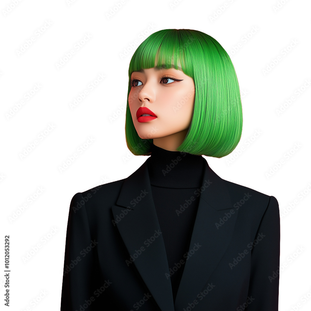 Woman with neon green bob hairstyle wearing black blazer and turtleneck on transparent background Woman with neon green bob hairstyle wearing black blazer and turtleneck on transparent background