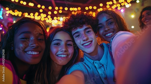 Group of friends taking a selfie at a festive gathering.