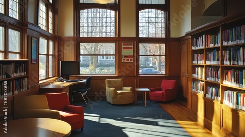 Cozy Library Space Blending Traditional and Modern Learning Environments. AI generated illustration