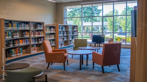 Cozy Library Space Blending Traditional and Modern Learning Environments. AI generated illustration