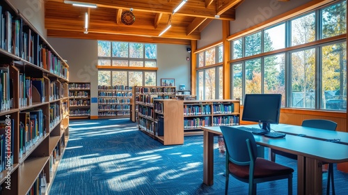 Cozy Library Space Blending Traditional and Modern Learning Environments. AI generated illustration