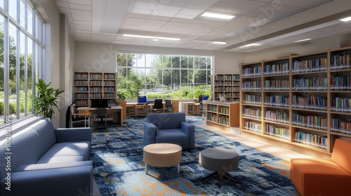 Cozy Library Space Blending Traditional and Modern Learning Environments. AI generated illustration