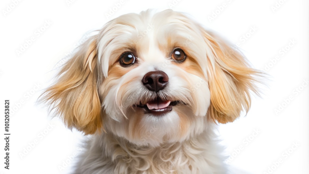 Cute Isolated Dog Sitting on White Background with Playful Expression and Fluffy Coat Looking Up Cute Isolated Dog Sitting on White Background with Playful Expression and Fluffy Coat Looking Up
