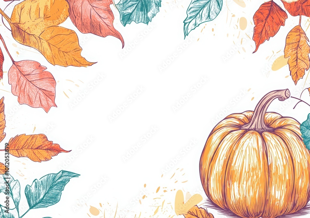 Fototapeta premium Happy Thanksgiving Day background with a hand-drawn sketch of a pumpkin, autumn leaves, wild flowers and a floral frame on a white color backdrop for design elements. 