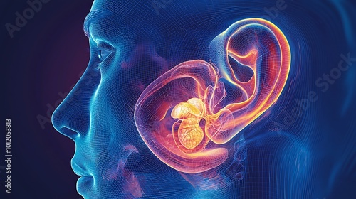 Human ear anatomy illustration with vibrant colors.