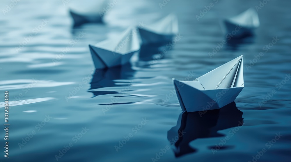 Obraz premium Fleet of Paper Ships with One Taking a Divergent Path. AI generated illustration