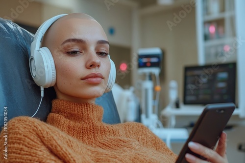 Front view portrait of bald young woman wearing headphones and using smartphone while receiving IV treatment in clinic copy space, Generative AI photo