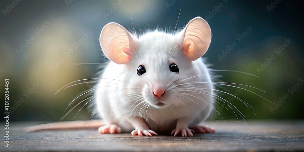 Fototapeta premium Cute white mouse sitting on a soft surface with curious expression, perfect for animal lovers' projects