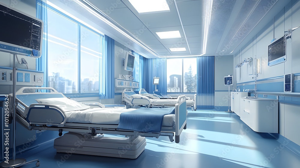 Fototapeta premium Modern hospital interior with empty patient beds and blue decor